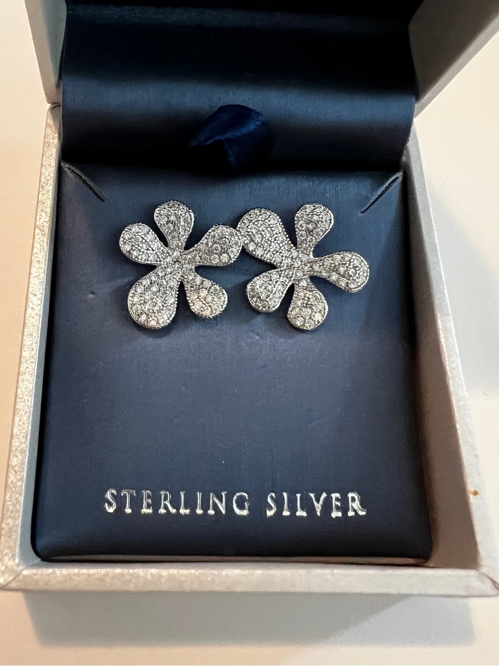 NWT Sterling Silver Pave Flower Stud Earrings Abstract Flowers